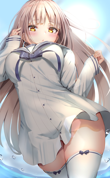Anime picture 925x1500 with original reinama single long hair tall image looking at viewer blush fringe breasts light erotic large breasts standing yellow eyes sky silver hair outdoors blunt bangs from below pantyshot thighs