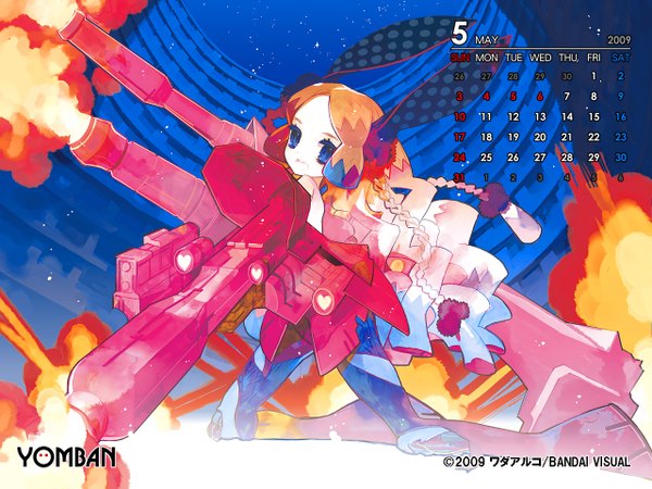 Anime picture 1280x960 with yomban wada arco animal ears braid (braids) bunny ears wallpaper explosion calendar 2009 gun rifle calendar