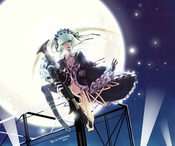 Anime picture 1000x837 with no more heroes margaret (no more heros) hitonatsu single long hair looking at viewer open mouth sitting signed aqua eyes aqua hair night night sky light girl thighhighs dress gloves weapon moon