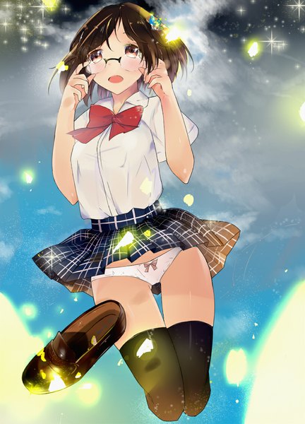Anime picture 813x1128 with original shutun single tall image blush short hair open mouth light erotic brown eyes sky pantyshot jumping shoes removed girl thighhighs uniform underwear panties black thighhighs school uniform