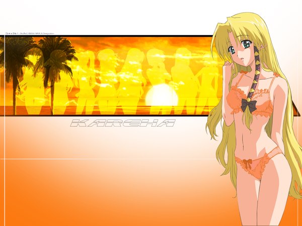 Anime picture 1600x1200 with shuffle! kareha hosoda naoto single long hair light erotic blonde hair green eyes looking away pointy ears wallpaper character names underwear only tress ribbon girl underwear panties ribbon (ribbons) hair ribbon lingerie