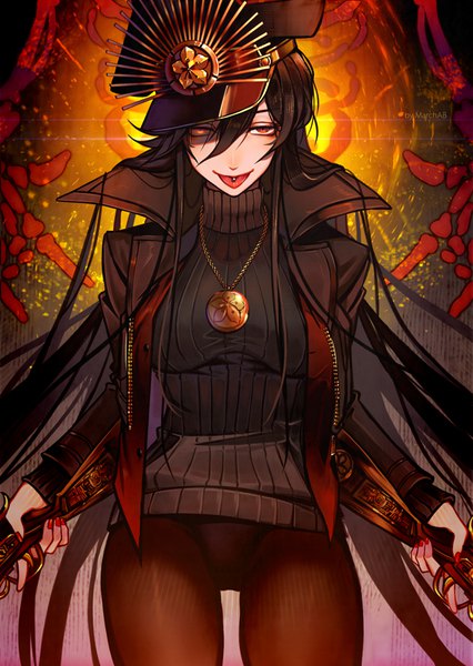 Anime picture 620x874 with fate (series) fate/grand order oda nobunaga (fate) (all) oda nobunaga (fate) marchab 66 single long hair tall image looking at viewer fringe open mouth light erotic black hair hair between eyes red eyes standing holding signed payot long sleeves