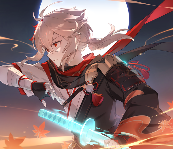 Anime picture 5000x4324 with genshin impact kaedehara kazuha ulbom (zzimomi) single long hair fringe highres hair between eyes red eyes looking away absurdres silver hair upper body low ponytail ready to draw boy weapon sword katana leaf (leaves)