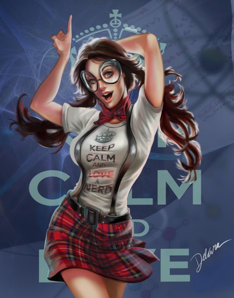 Anime picture 2400x3054 with cris delara single long hair tall image looking at viewer highres breasts open mouth blue eyes brown hair lips girl skirt glasses t-shirt