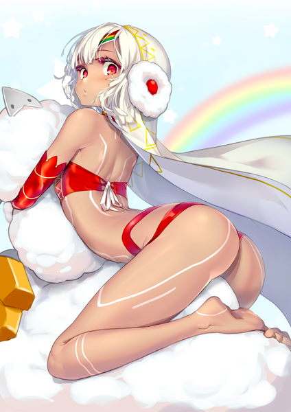 Anime picture 2894x4093 with fate (series) fate/grand order altera (fate) altera the santa (fate) hong (white spider) single tall image looking at viewer blush fringe highres short hair light erotic red eyes sitting bent knee (knees) ass white hair looking back barefoot