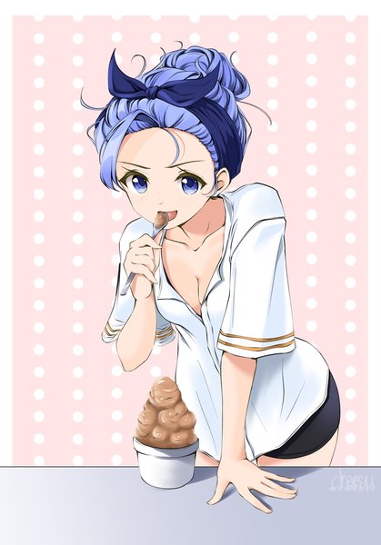 Anime picture 1188x1700 with original minah (chaesu) chaesu single tall image short hair breasts blue eyes light erotic simple background smile signed blue hair cleavage open clothes eating girl shirt food shorts