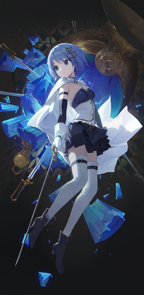 Anime picture 1500x3063 with mahou shoujo madoka magica shaft (studio) miki sayaka modare single tall image short hair blue eyes blue hair looking away full body looking back magical girl girl thighhighs gloves weapon white thighhighs sword black gloves