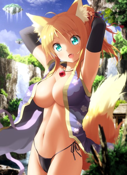 Anime picture 750x1035 with dog days yukikaze panettone haribote (tarao) single long hair tall image looking at viewer breasts open mouth blue eyes light erotic blonde hair animal ears tail animal tail fox ears fox tail fox girl girl navel