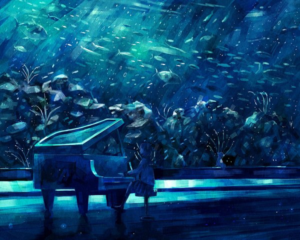 イラスト 1000x800 と オリジナル のみや 短い髪 座る 女の子 制服 植物 学生服 水 魚 テディベア piano aquarium