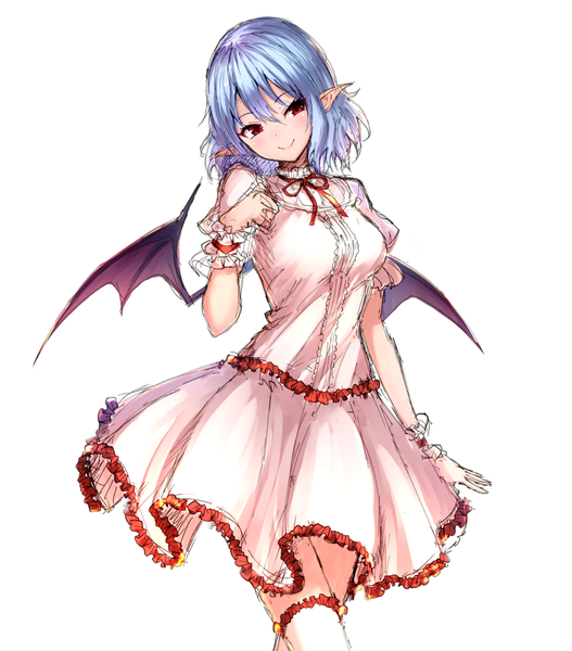 Anime picture 790x900 with touhou remilia scarlet junior27016 single tall image looking at viewer blush fringe short hair breasts simple background smile hair between eyes red eyes standing white background blue hair head tilt multicolored hair arm up