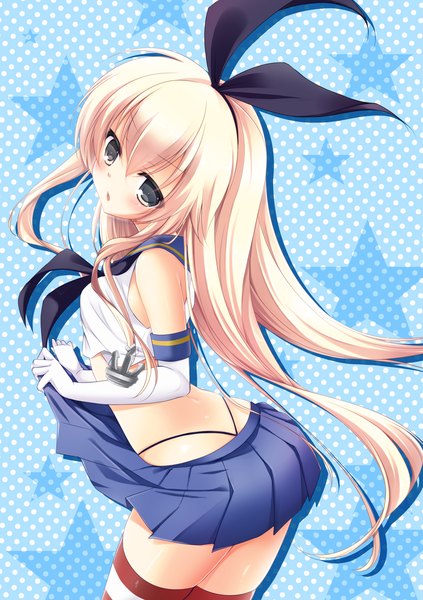 Anime picture 1000x1418 with kantai collection shimakaze destroyer rinka (yuyutei) single long hair tall image looking at viewer blush open mouth blue eyes light erotic blonde hair girl thighhighs gloves black thighhighs miniskirt elbow gloves