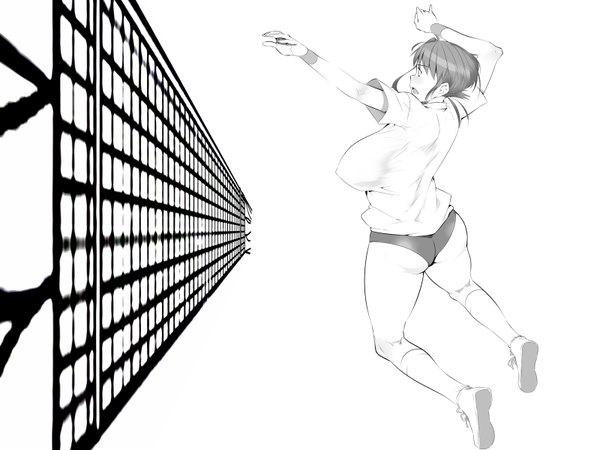 Anime picture 1600x1200 with oinari (inarizushi) single highres short hair breasts open mouth light erotic full body ass wallpaper huge breasts monochrome jumping volleyball girl uniform gym uniform wristlet buruma tennis net