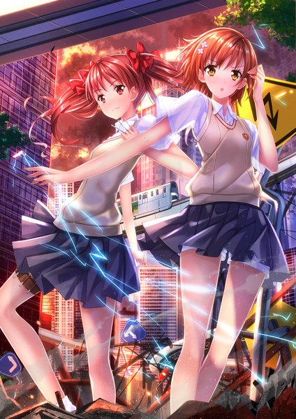 Anime picture 1018x1440 with to aru kagaku no railgun j.c. staff misaka mikoto shirai kuroko swordsouls long hair tall image looking at viewer blush short hair brown hair twintails multiple girls red hair city electricity biribiri girl skirt uniform