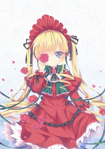 Anime picture 2480x3507 with rozen maiden shinku north abyssor single long hair tall image looking at viewer highres blue eyes blonde hair twintails loli drill hair lolita fashion flower over eye girl dress flower (flowers) petals rose (roses)