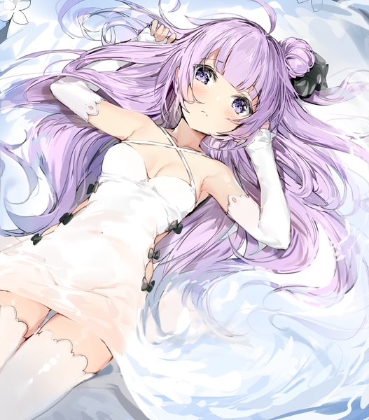 Anime picture 1300x1480 with azur lane unicorn (azur lane) silver (chenwen) single long hair tall image looking at viewer blush fringe breasts light erotic purple eyes cleavage purple hair ahoge lying blunt bangs long sleeves arms up armpit (armpits)