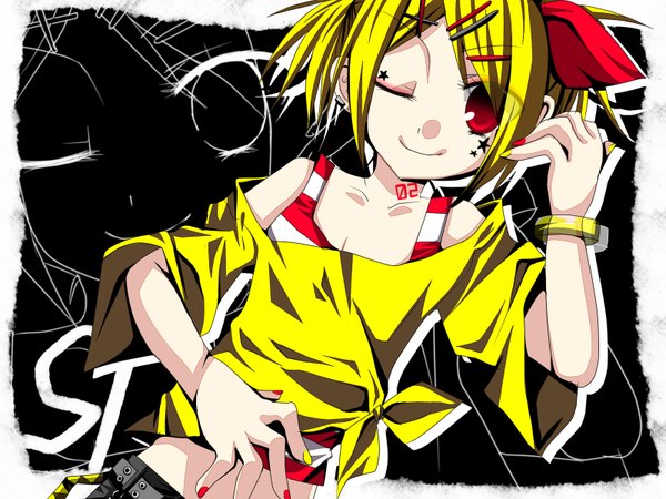 Anime picture 1600x1200 with vocaloid kagamine rin hinashota single looking at viewer short hair blonde hair smile red eyes upper body nail polish one eye closed midriff alternate eye color girl bow hair bow star (symbol)