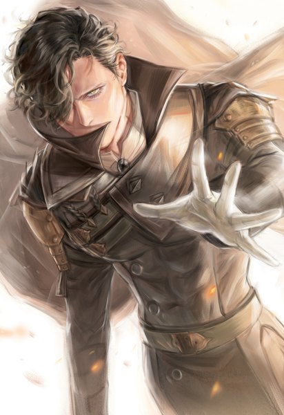 Anime picture 1406x2048 with fire emblem fire emblem: three houses nintendo hubert von vestra vestradog single tall image looking at viewer fringe short hair black hair standing yellow eyes dutch angle covered mouth popped collar boy gloves white gloves sparks