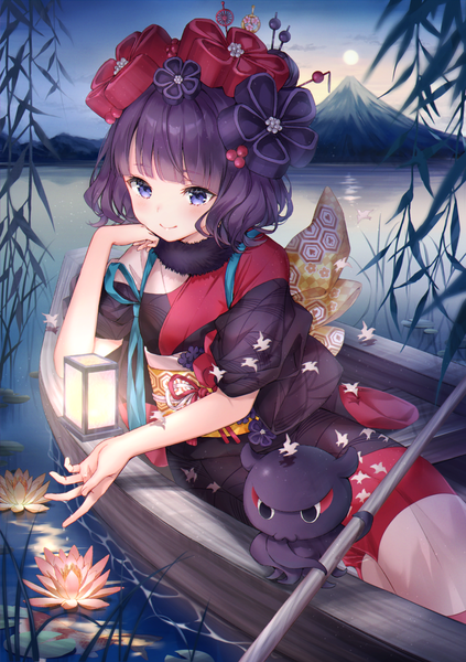 Anime picture 916x1300 with fate (series) fate/grand order katsushika hokusai (fate/grand order) tokitarou (fate/grand order) higeneko single tall image fringe short hair smile purple eyes purple hair blunt bangs traditional clothes japanese clothes mountain chin rest lake morning sunrise
