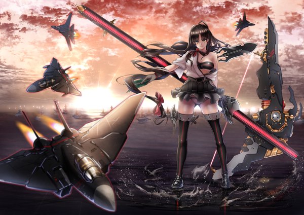 Anime picture 1400x990 with kantai collection shouhou light aircraft carrier big.g single long hair looking at viewer light erotic black hair brown eyes sky cloud (clouds) girl thighhighs skirt underwear panties weapon black thighhighs miniskirt airplane