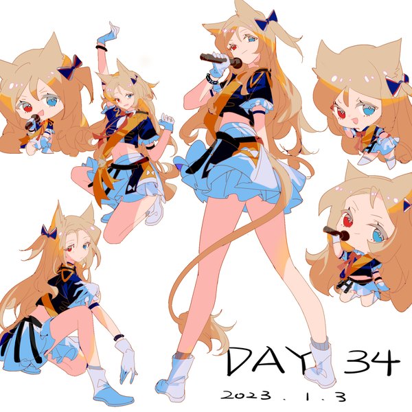 Anime picture 2000x2000 with arknights archetto (arknights) archetto (publicity strategy) (arknights) indai (3330425) long hair highres open mouth simple background blonde hair smile white background animal ears full body tail :d animal tail bare legs midriff two side up heterochromia