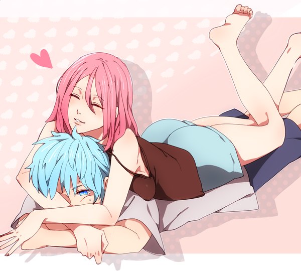 Anime picture 2000x1800 with kuroko no basket production i.g kuroko tetsuya momoi satsuki highres blue eyes smile bare shoulders blue hair pink hair ass lying eyes closed barefoot couple hug girl boy heart