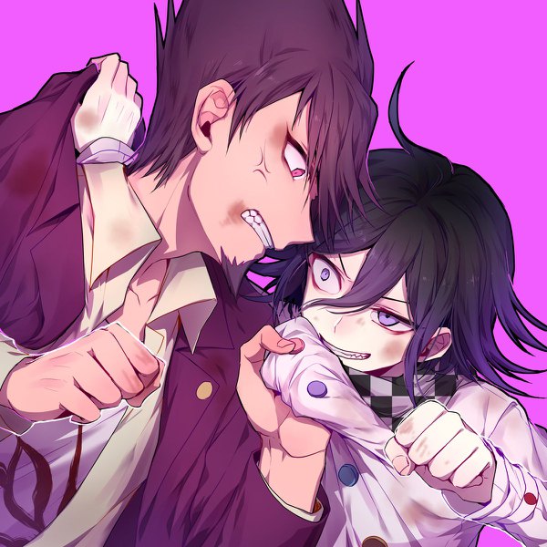 Anime picture 1200x1200 with dangan ronpa new danganronpa v3 ouma kokichi momota kaito nanin fringe short hair black hair simple background smile hair between eyes purple eyes upper body ahoge profile pink eyes multiple boys pink background eye contact clenched teeth