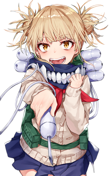 Anime picture 1344x2116 with boku no hero academia studio bones toga himiko black cola single tall image looking at viewer short hair open mouth blonde hair simple background white background yellow eyes payot :d hair bun (hair buns) outstretched arm messy hair girl uniform
