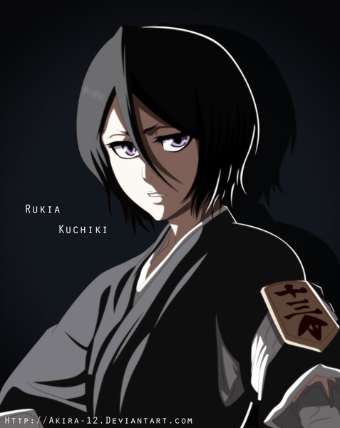 Anime picture 1340x1686 with bleach studio pierrot kuchiki rukia akira-12 single tall image short hair black hair simple background traditional clothes japanese clothes pink eyes inscription shadow coloring black background girl kimono