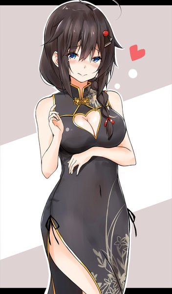 Anime picture 2600x4428 with kantai collection shigure destroyer saku (kudrove) single long hair tall image blush fringe highres breasts blue eyes light erotic black hair simple background smile hair between eyes large breasts bare shoulders cleavage ahoge