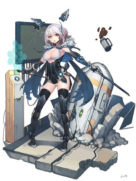 Anime picture 3000x4000 with original jam (nandade) single tall image looking at viewer highres short hair breasts open mouth light erotic large breasts white background holding silver hair full body heterochromia dual wielding crack girl thighhighs