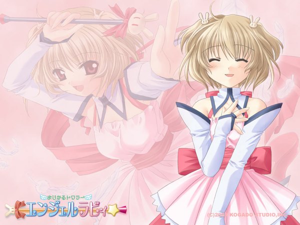 Anime picture 1024x768 with angelic serenade magical twirler angel rabbie lasty farson angel rabbie naruse chisato blush short hair blonde hair red eyes bare shoulders eyes closed wallpaper magical girl girl dress detached sleeves wand