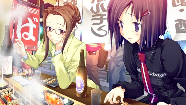 Anime picture 1600x900 with volume7 rococoworks fukami yurie hama asami fue (tsuzuku) long hair blush short hair open mouth blue eyes smile brown hair wide image multiple girls brown eyes girl hair ornament 2 girls glasses necktie