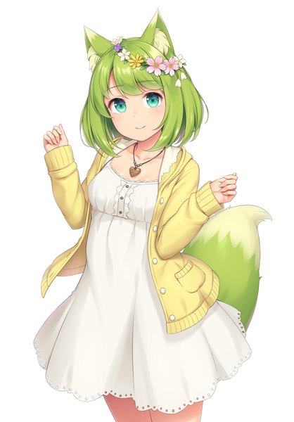 Anime picture 870x1250 with original sasaame single tall image looking at viewer blush fringe short hair simple background smile standing white background green eyes animal ears tail blunt bangs long sleeves animal tail green hair open jacket