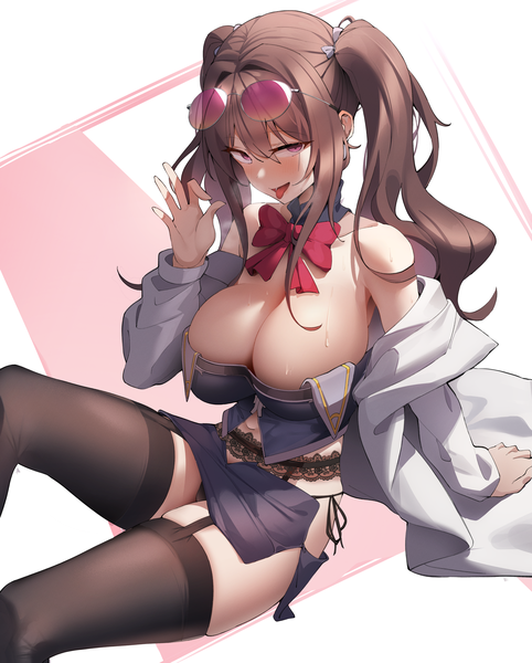 Anime picture 3750x4665 with original k pring single long hair tall image blush fringe highres breasts open mouth light erotic simple background hair between eyes brown hair large breasts sitting twintails payot absurdres cleavage