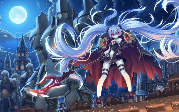 Anime picture 1900x1185 with original tonchan looking at viewer highres light erotic red eyes wide image twintails silver hair cloud (clouds) very long hair horn (horns) light smile night night sky outstretched arm magic glowing light glowing eye (eyes)