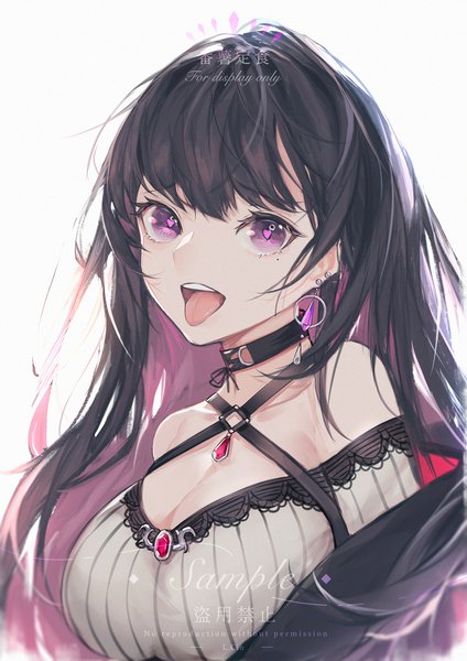 Anime picture 1400x1980 with virtual youtuber propro production koinoya mai fanshu single long hair tall image looking at viewer breasts black hair simple background large breasts white background purple eyes pink hair cleavage upper body multicolored hair mole mole under eye