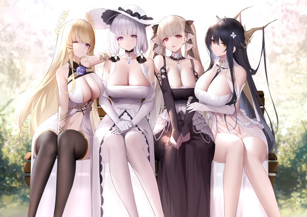 Anime picture 4000x2828 with azur lane formidable (azur lane) illustrious (azur lane) indomitable (azur lane) victorious (azur lane) an yasuri long hair looking at viewer fringe highres breasts open mouth blue eyes light erotic black hair blonde hair hair between eyes red eyes large breasts sitting