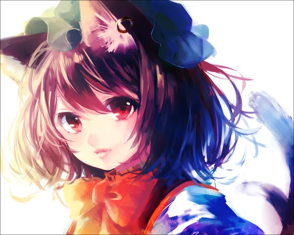 Anime picture 1280x1024 with touhou chen haru akinosuke single looking at viewer blush short hair simple background red eyes brown hair white background animal ears cat ears cat tail close-up girl bow hat