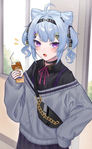 Anime picture 3500x5680 with virtual youtuber nijisanji nijisanji en zaion lanza gfpebs single tall image looking at viewer highres short hair open mouth purple eyes twintails holding absurdres silver hair ahoge long sleeves from above hair bun (hair buns)