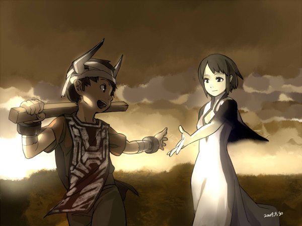 Anime picture 1200x900 with ico (game) yorda ico shihou (g-o-s) short hair open mouth smile brown hair horn (horns) black eyes evening sunset brown background girl dress boy bandage (bandages) hands