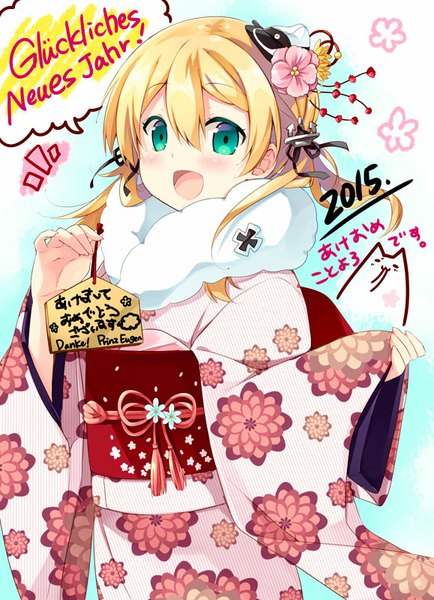 Anime picture 579x800 with kantai collection prinz eugen (kantai collection) natsume eri single tall image looking at viewer blush fringe open mouth simple background blonde hair twintails green eyes braid (braids) traditional clothes japanese clothes new year 2015 girl hair ornament