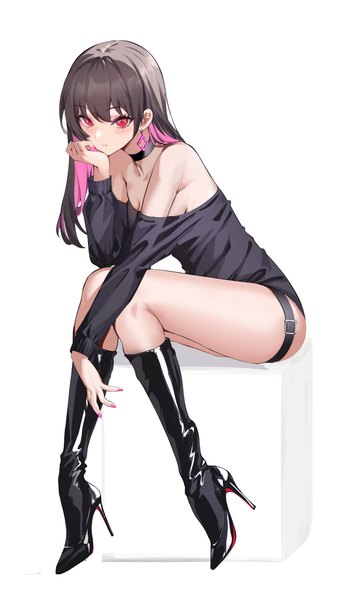 Anime picture 2200x3800 with original spider apple single long hair tall image looking at viewer blush fringe highres breasts light erotic simple background red eyes white background sitting bare shoulders cleavage full body bent knee (knees) nail polish