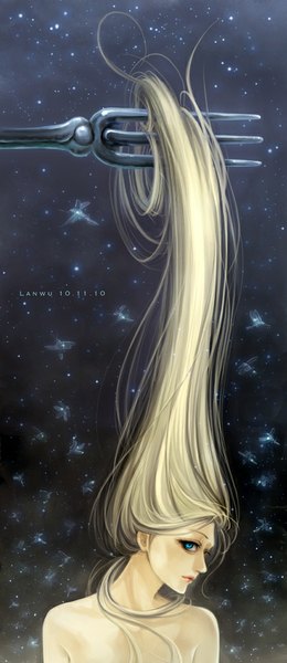 Anime picture 434x1000 with original lan wu single tall image looking at viewer blue eyes blonde hair very long hair inscription topless hair over shoulder girl insect star (stars) fork