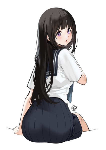 Anime picture 1309x1859 with hyouka kyoto animation chitanda eru mery (yangmalgage) single long hair tall image looking at viewer blush fringe open mouth black hair simple background white background sitting purple eyes signed ass blunt bangs pleated skirt