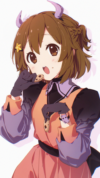 Anime picture 940x1673 with k-on! kyoto animation hirasawa yui atu single tall image fringe short hair open mouth simple background hair between eyes brown hair white background brown eyes upper body head tilt horn (horns) :o halloween girl