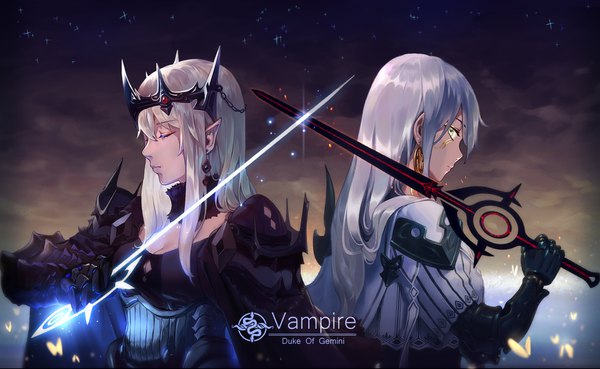 Anime picture 1950x1200 with original memoirs long hair fringe highres breasts hair between eyes wide image multiple girls holding yellow eyes payot cleavage silver hair upper body eyes closed profile pointy ears text weapon over shoulder