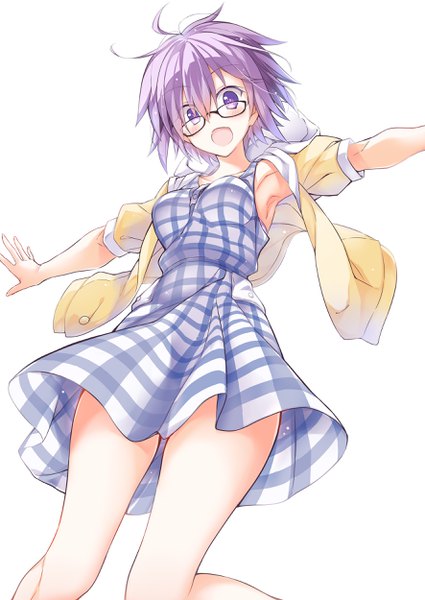 Anime picture 1771x2500 with fate (series) fate/grand order mash kyrielight narumiya (empty cafe) single tall image looking at viewer blush fringe highres short hair breasts open mouth simple background hair between eyes white background purple eyes purple hair bent knee (knees) bare legs