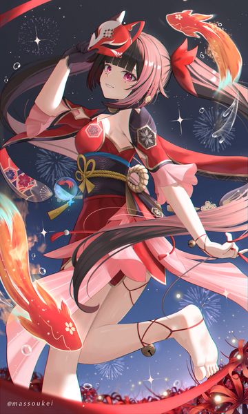 Anime picture 1500x2500 with honkai: star rail honkai (series) sparkle (honkai: star rail) massoukei single long hair tall image looking at viewer fringe breasts smile brown hair standing twintails bare shoulders payot bent knee (knees) blunt bangs pink eyes barefoot