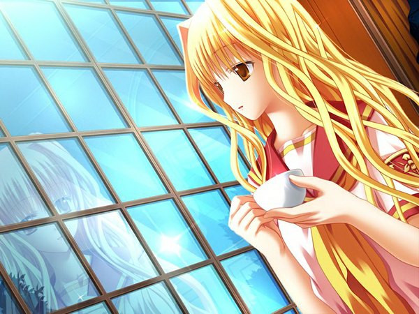 Anime picture 1024x768 with ojousama kumikyoku arisuma katsumi tatsumi neon long hair blonde hair game cg orange eyes girl serafuku