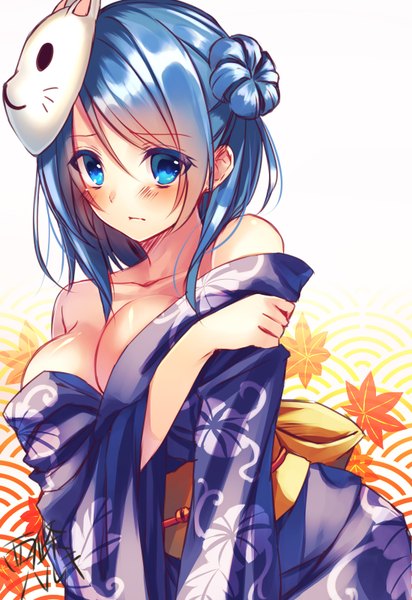 Anime picture 1100x1600 with kantai collection urakaze destroyer saijou haruki single long hair tall image looking at viewer blush fringe breasts blue eyes light erotic white background blue hair traditional clothes no bra hair bun (hair buns) embarrassed breast hold mask on head